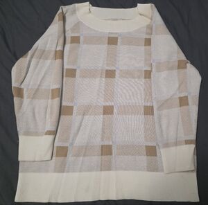 LOFT Beige and Cream Plaid Crewneck Sweater